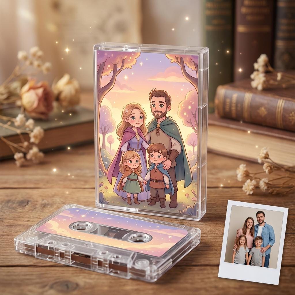 a family portrait of a man, woman, and two children, along with a cassette tape and a Polaroid photo of the same family.
