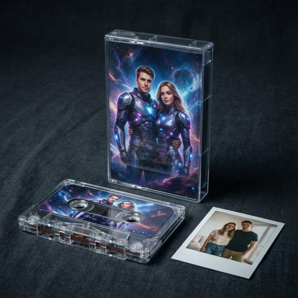 a CD case with a space-themed artwork, a cassette tape with a space-themed artwork, and a small photograph of two people.