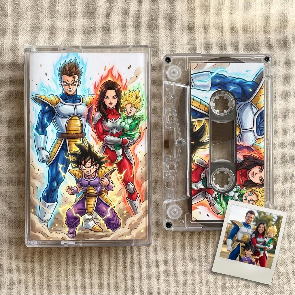 a CD case with a vibrant illustration of characters from a popular anime series, along with a cassette tape and a Polaroid photo of a family.