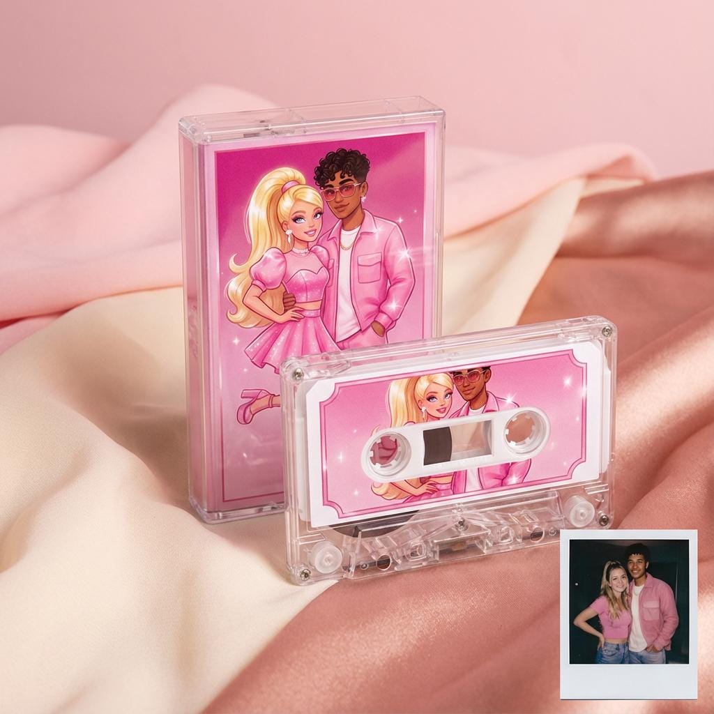 a pink cassette tape and a pink photo album with a couple on it, both placed on a pink fabric background.