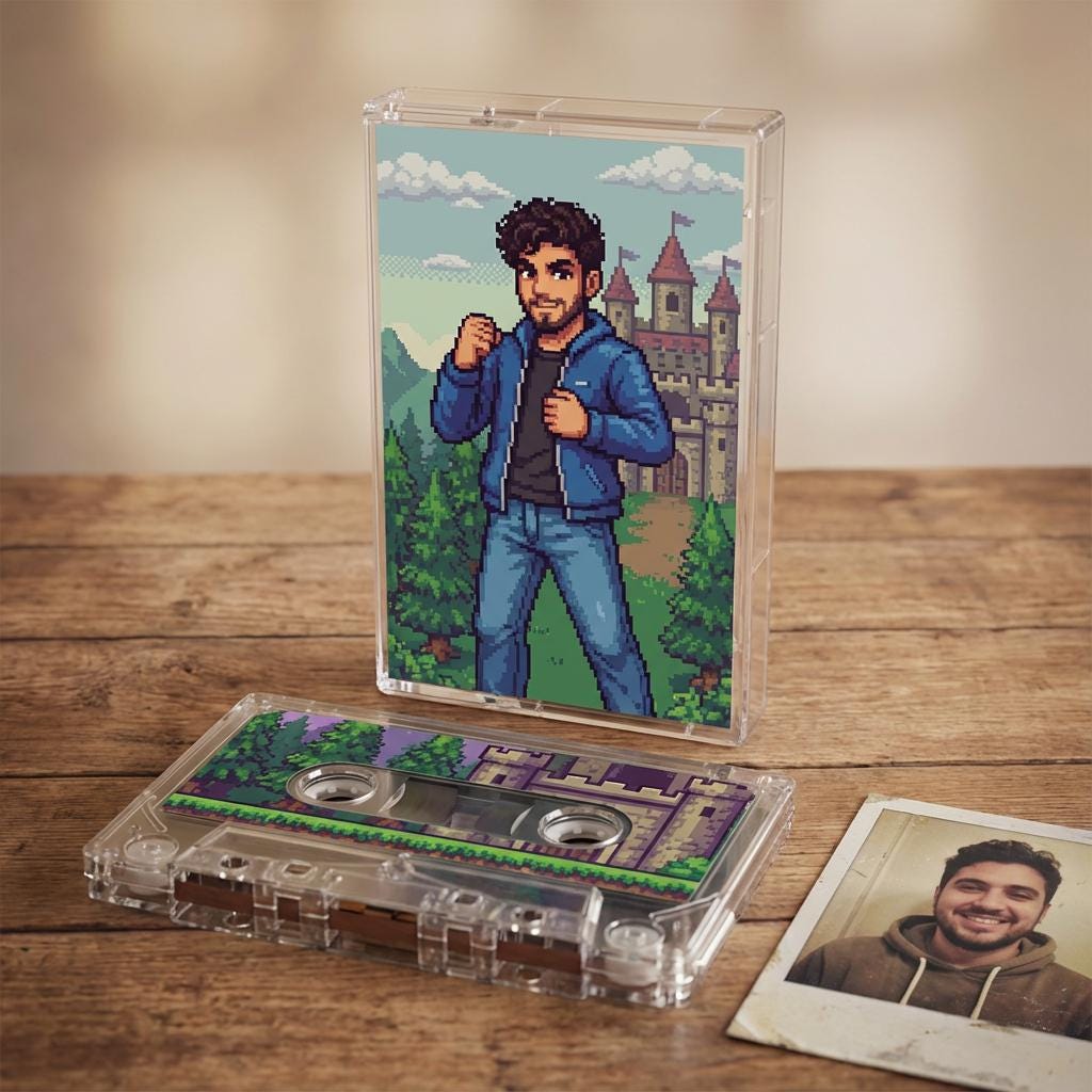 a cassette tape with a pixel art illustration of a man in a blue jacket standing in front of a castle, along with a photograph of another man.