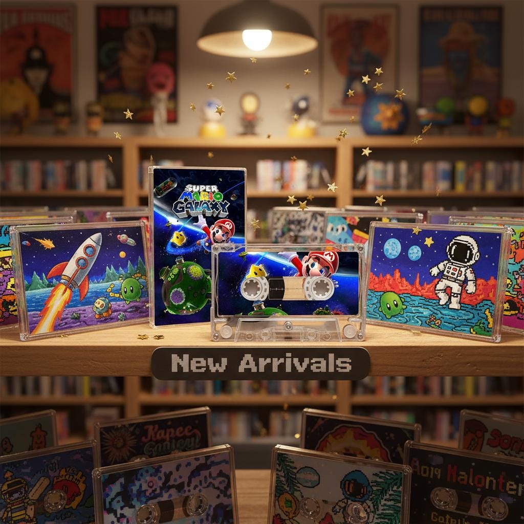 a collection of colorful video game cases and posters, including a "Super Mario Galaxy" case, displayed on a shelf in a room with bookshelves and stars in the background.