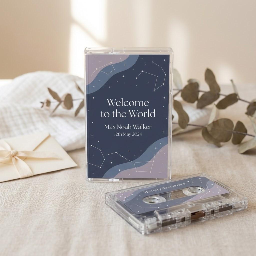 a welcome to the world album for Max Noah Walker, with a starry night sky design, placed on a table next to a cassette tape and some leaves.
