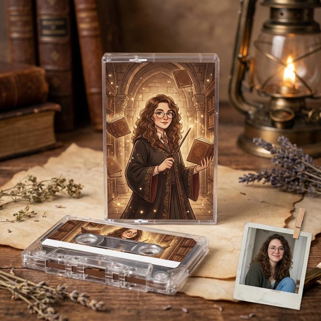 a cassette tape with an illustration of a woman wearing a brown robe and holding a book, surrounded by books and a lantern, with a framed photograph of another woman in the foreground.