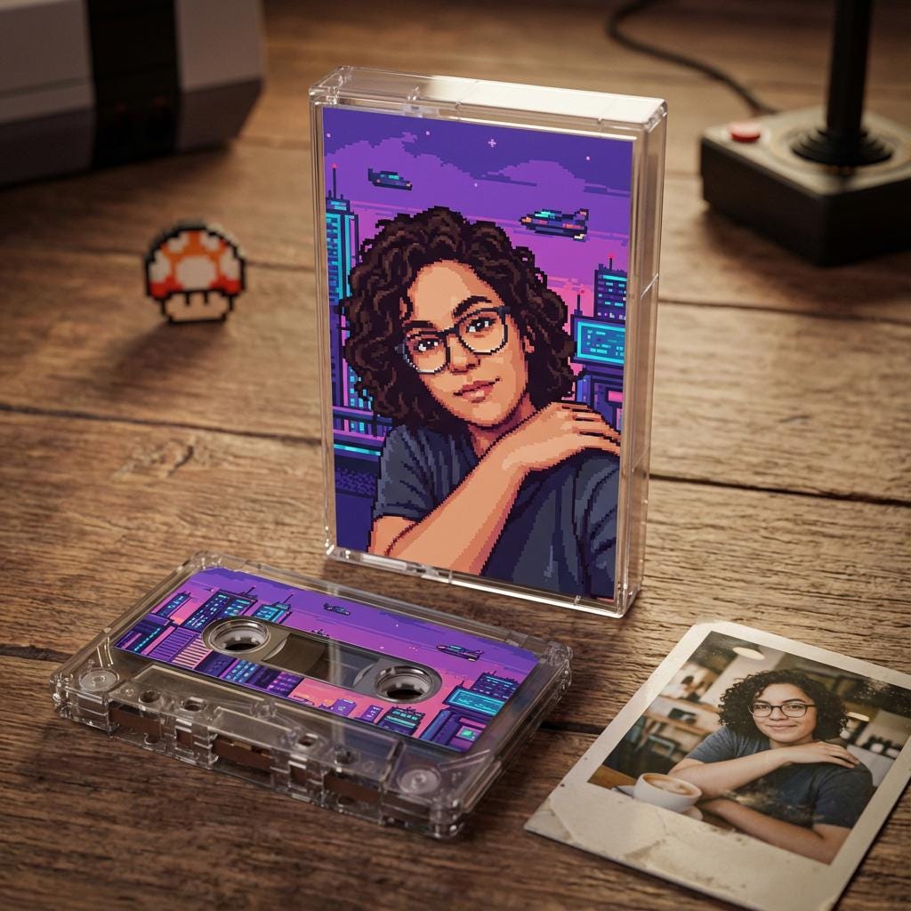a digital artwork of a woman with curly hair and glasses, set against a cityscape background, accompanied by a cassette tape and a photograph of a woman.