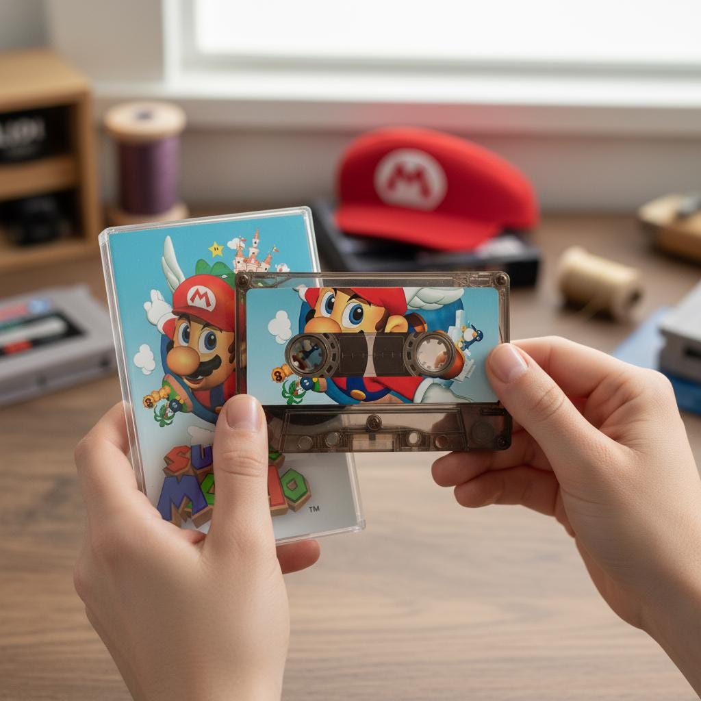 A person's hands holding a cassette tape featuring a character from the Mario video game franchise, with a CD case of the same character visible in the background.
