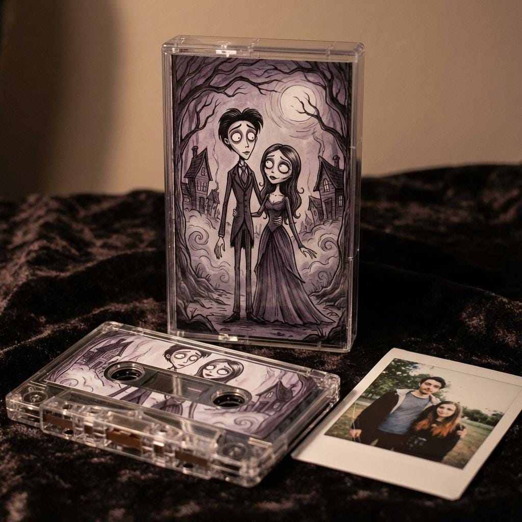 a cassette tape and a Polaroid photo of a couple, both placed on a dark surface.