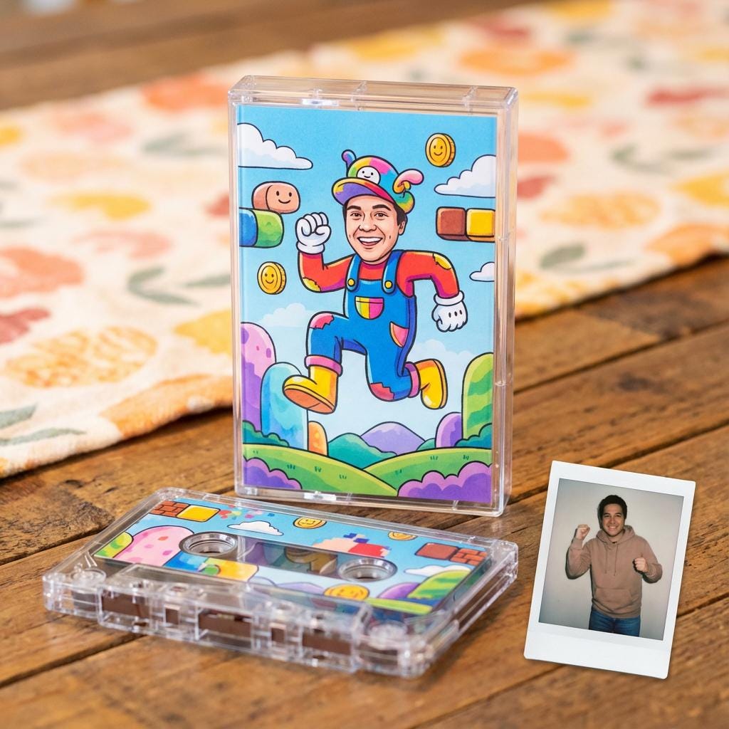 a colorful cassette tape case with a cartoon character on it, placed on a wooden surface next to a Polaroid photo of a person.