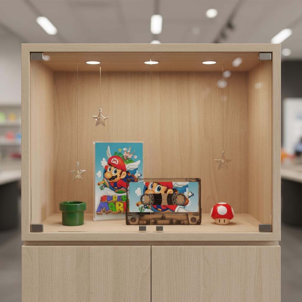 A wooden display case containing various items, including a poster of Mario, a star, a mushroom, and a cassette tape.