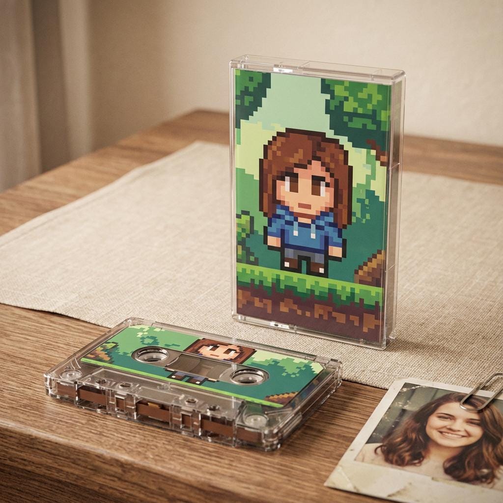 a wooden table with a cassette tape, a framed picture of a girl, and a photo of a woman.