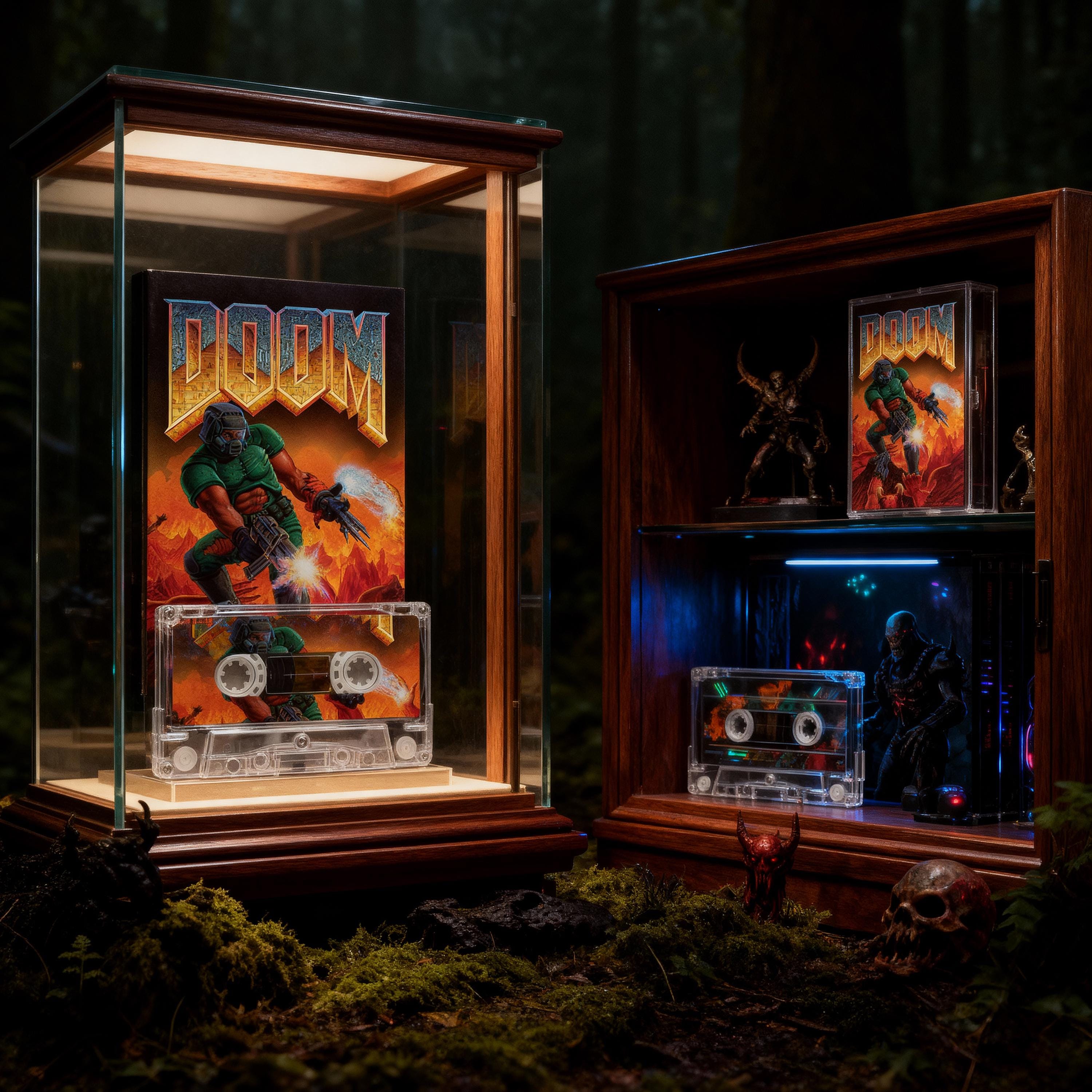 a display case containing a video game case and a cassette tape, set against a forest backdrop.