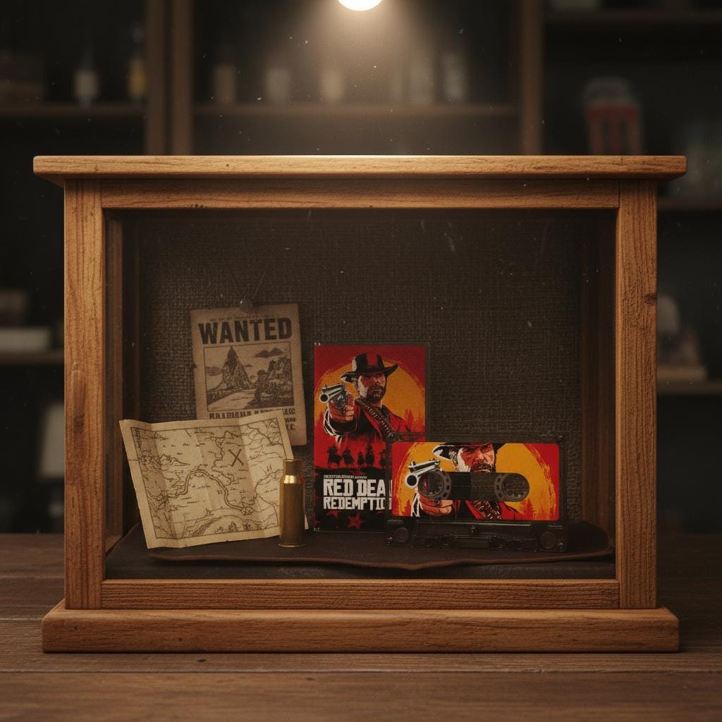 A wooden display case containing various items related to the video game "Red Dead Redemption", including a map, a wanted poster, and a cassette tape.
