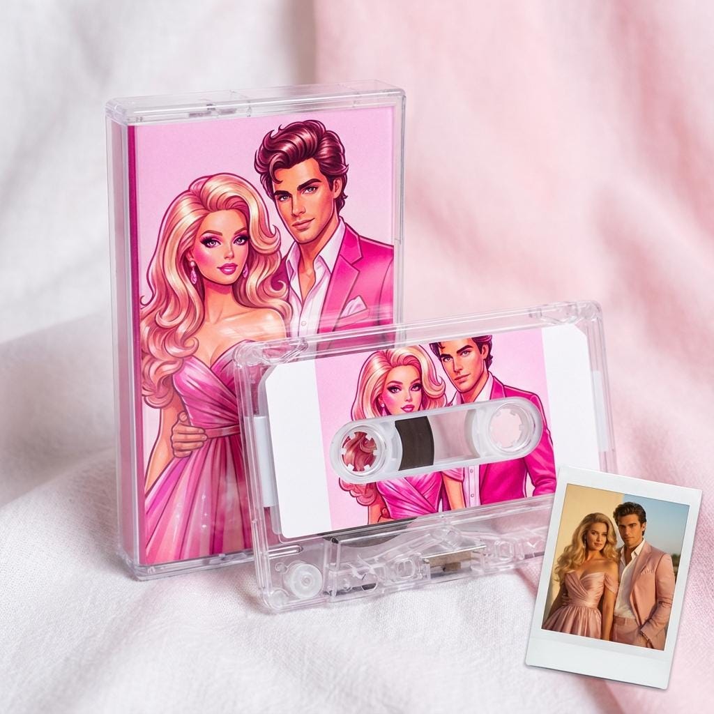 a pink-themed audio cassette case and a pink-themed photo album, both containing illustrations of a man and a woman dressed in pink.