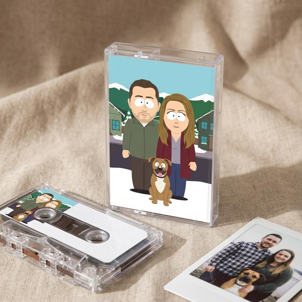 a cassette tape and a Polaroid photo of a family, including a man, a woman, and their dog, set against a snowy background.
