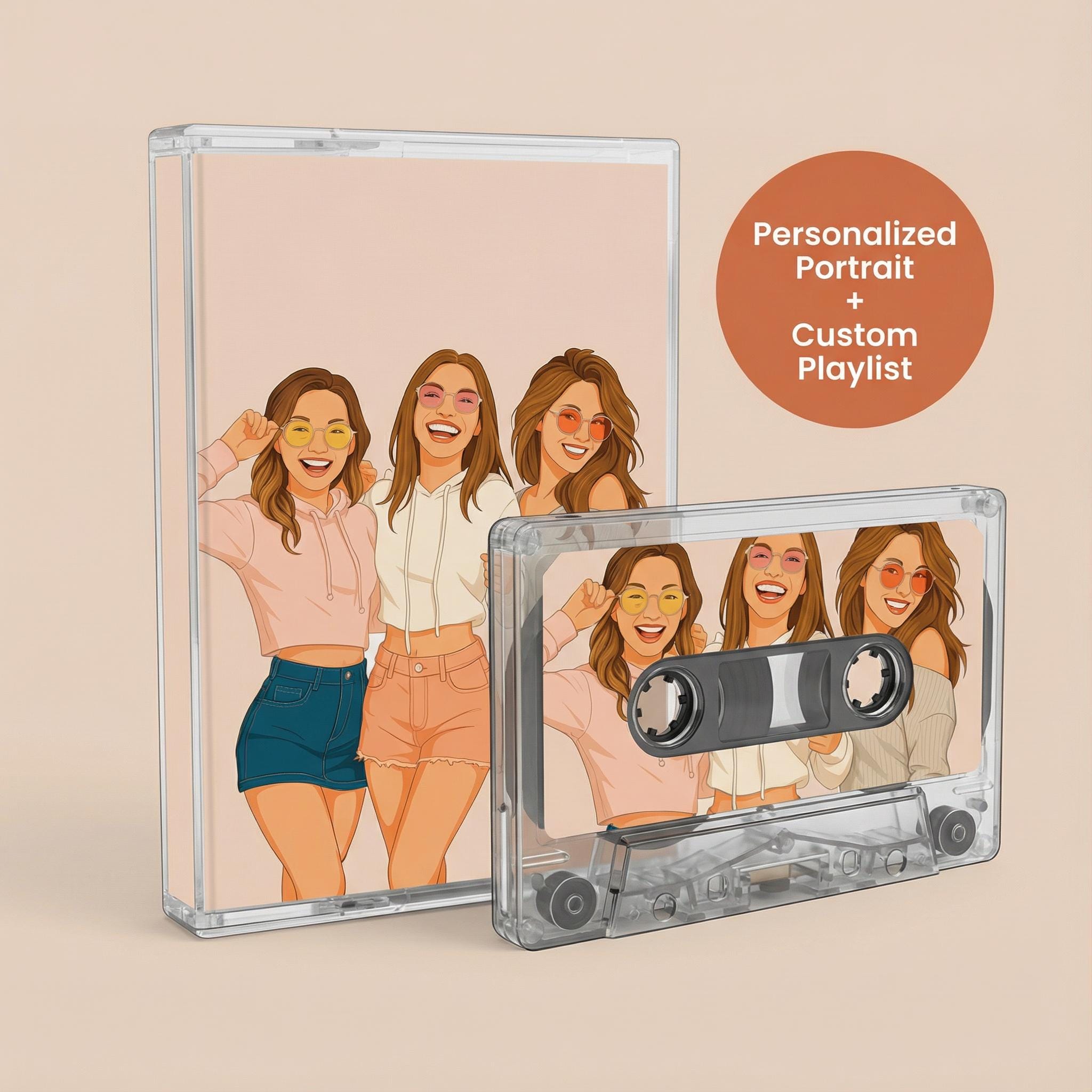 a group of four smiling women posing together, with a personalized portrait of one of them displayed on a cassette tape.