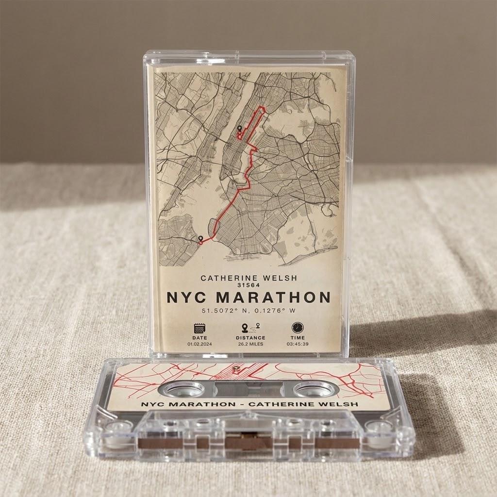 A cassette tape and a CD case for the Catherine Welsh NYC Marathon, featuring a map of the marathon course and the event's details.