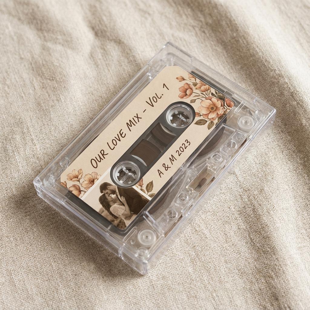 A transparent cassette tape with a floral design and text on it, placed on a beige fabric background.