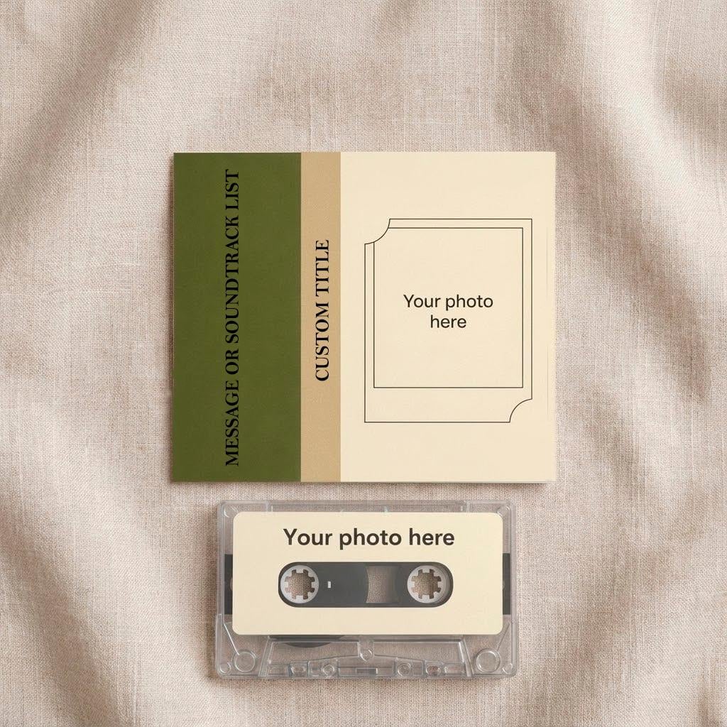 a green and beige book with a blank photo frame on the right side, and a cassette tape on the left side.
