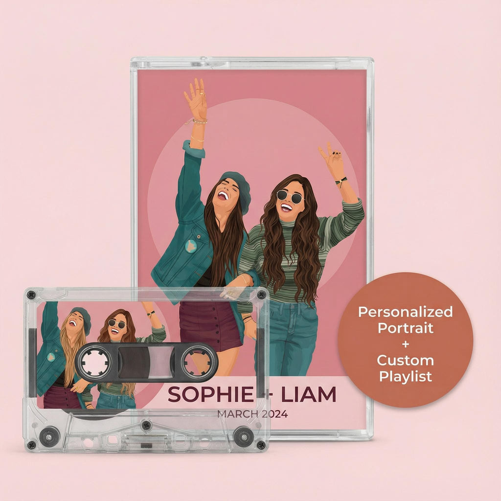 a personalized portrait of two women, along with a custom playlist, all set against a pink background.