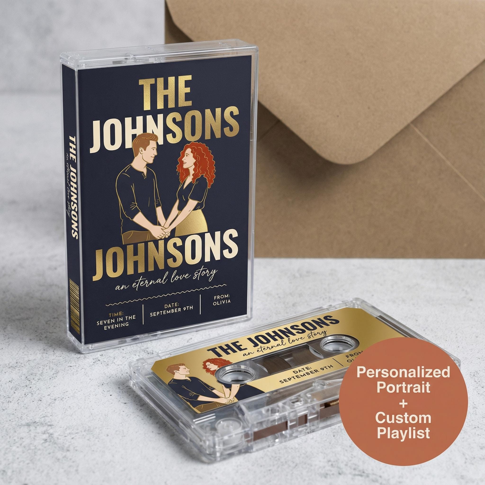 a CD case for "The Johnsons" and a personalized portrait CD with a custom playlist, both placed on a surface.