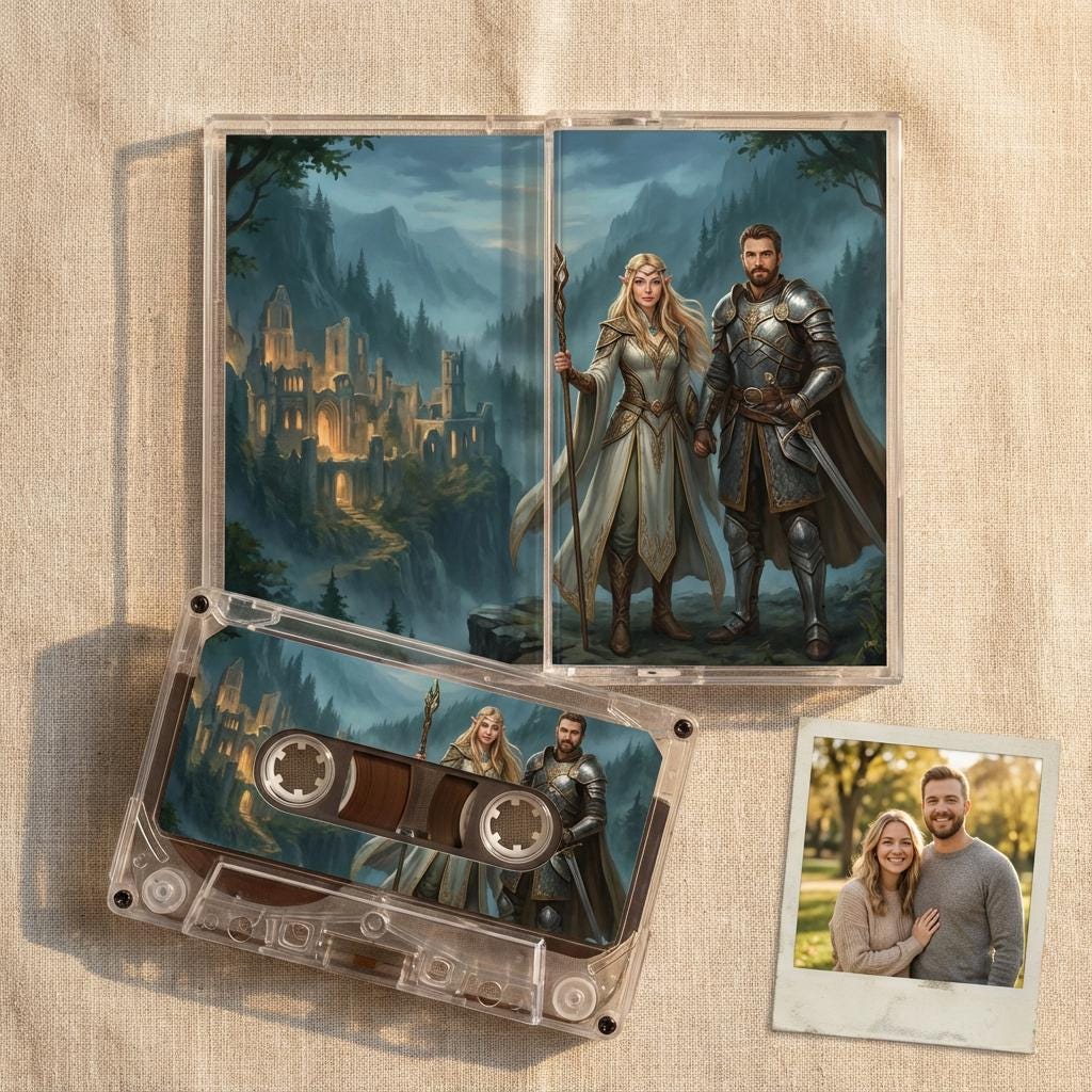 The image is a collage of three distinct images: a fantasy castle scene, a couple posing for a photograph, and a cassette tape with a fantasy scene on it.