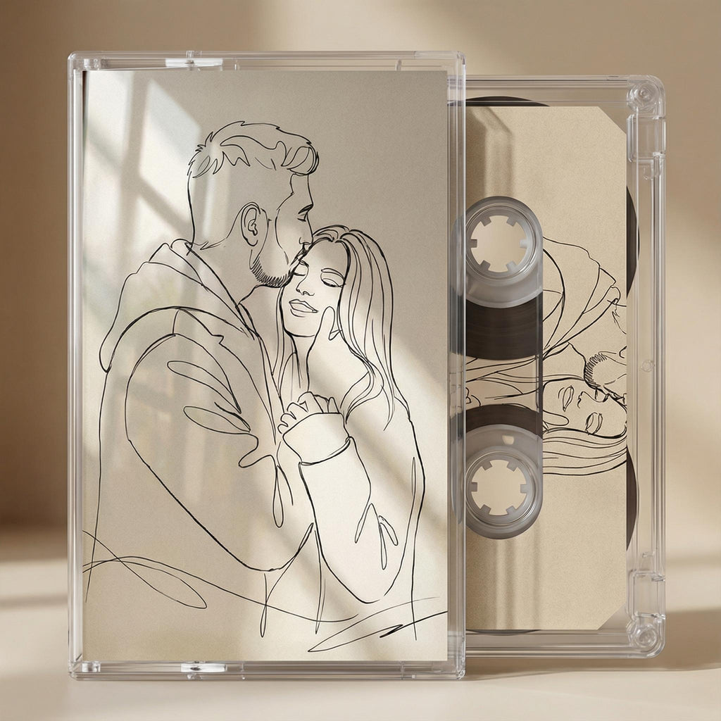 a man and a woman embracing each other, as depicted in a line drawing.