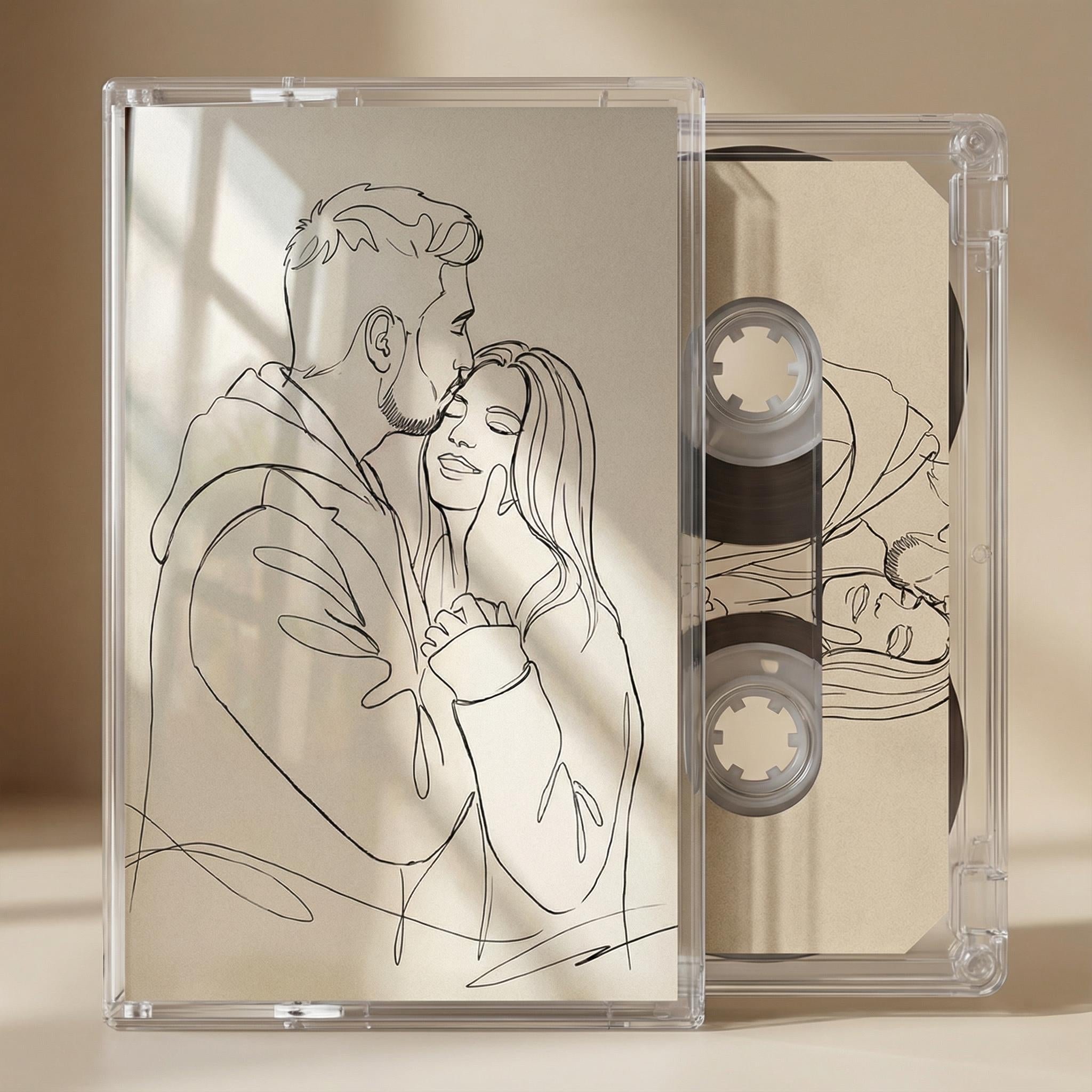 a man and a woman embracing each other, as depicted in a line drawing.