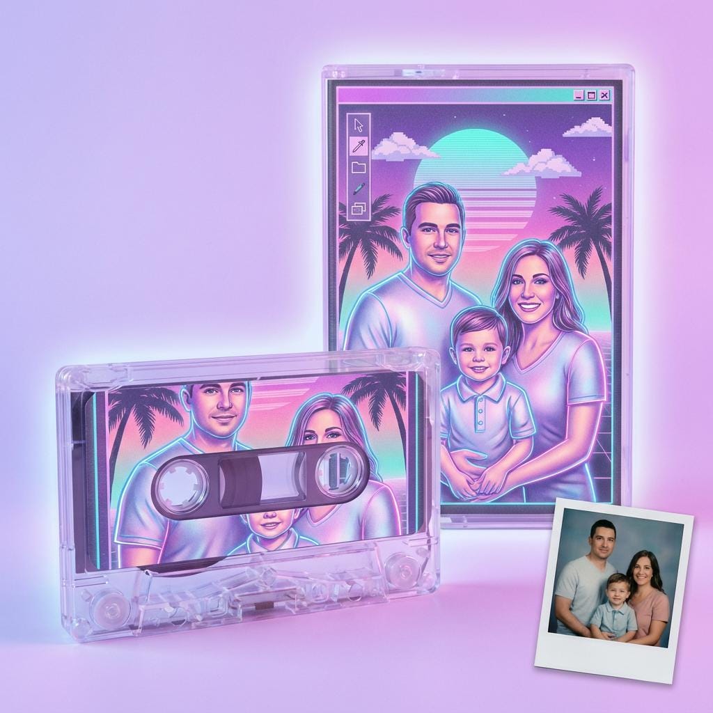 a family portrait of a man, woman, and child, along with a cassette tape and a Polaroid photo of the same family.