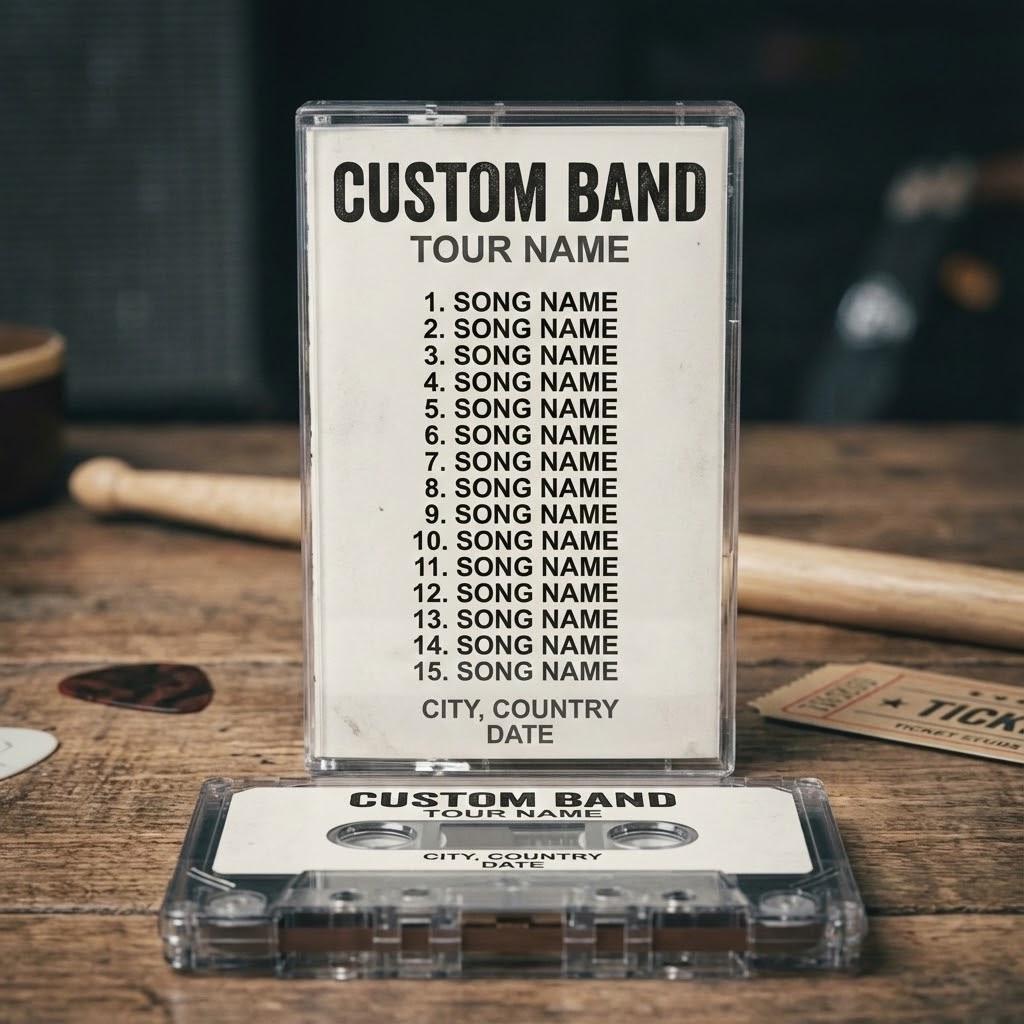 A CD case labeled "Custom Band Tour Name" with a list of song names, and a cassette tape labeled "Custom Band Tour Name" with a list of song names, both placed on a wooden surface.