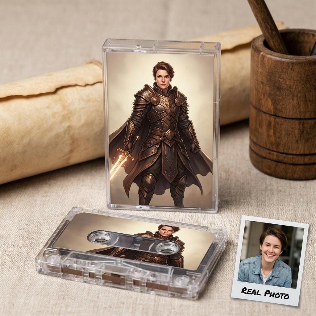 a cassette case with a picture of a person in armor, along with a photograph of the same person smiling.