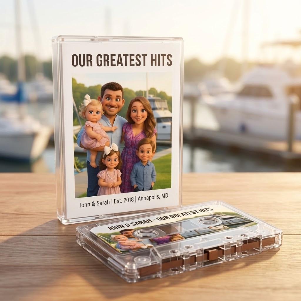 A CD case with a family portrait of a man, woman, and two children, along with the text "OUR GREATEST HITS" and "John & Sarah / Est. 2018 / Annapolises, MD" is placed next to a cassette tape on a wooden surface.