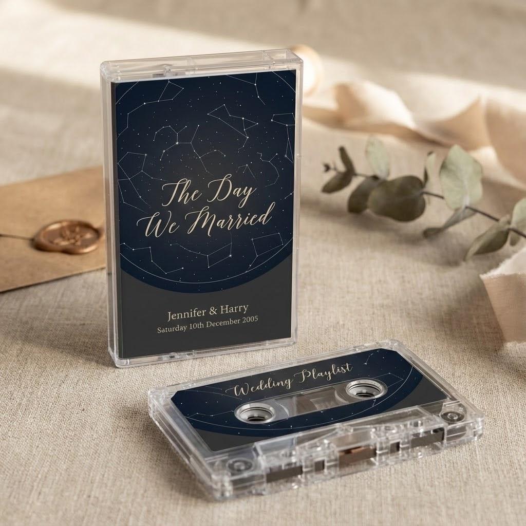 a clear CD case with a starry night sky design and text, and a transparent cassette tape with a starry night sky design and text, both placed on a beige surface.
