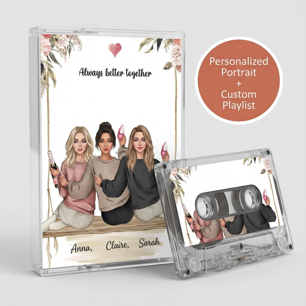 a personalized portrait album with three women sitting together, each holding a drink. The album cover also includes a personalized portrait and a custom playlist.