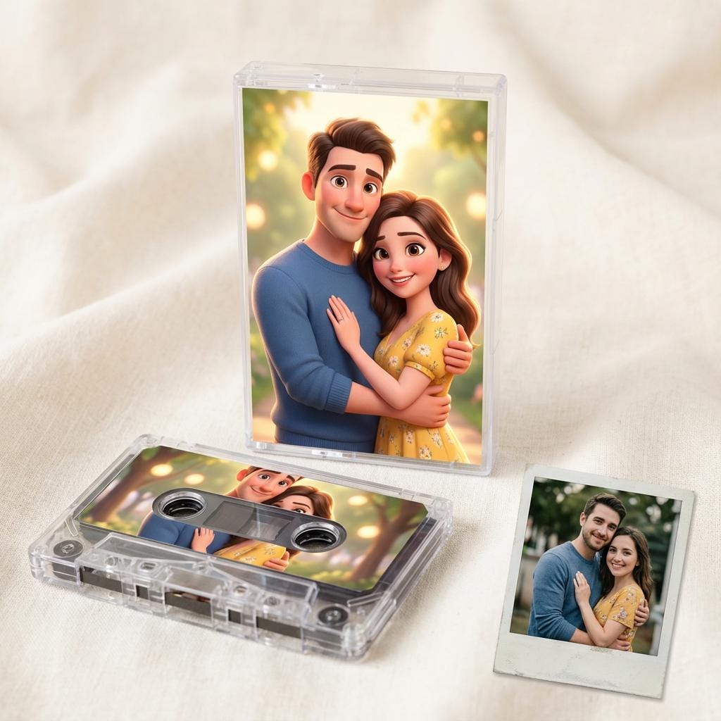 a cassette case with a cartoon image of a man and a woman embracing, and a smaller photo of a couple embracing.