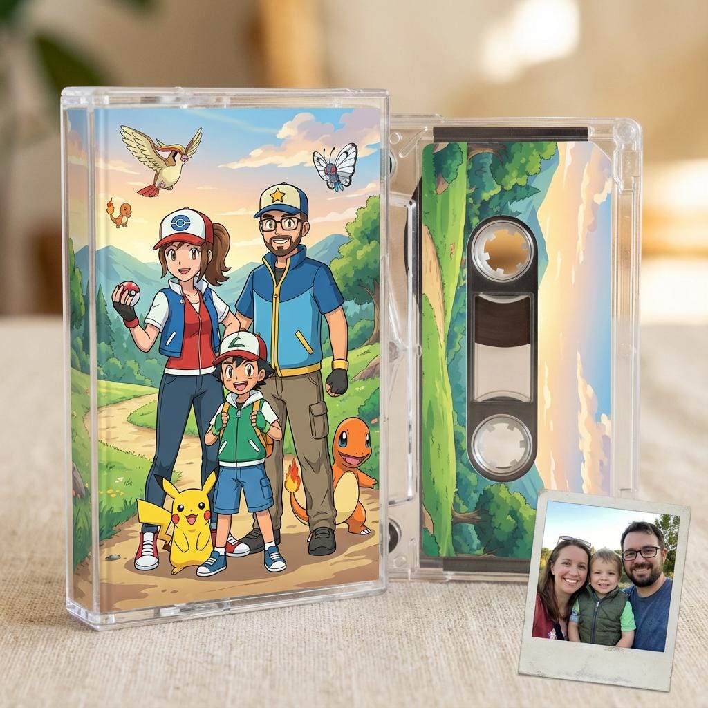 A family portrait of a man, woman, and two children, along with a Pokemon-themed illustration, is displayed in a clear case.