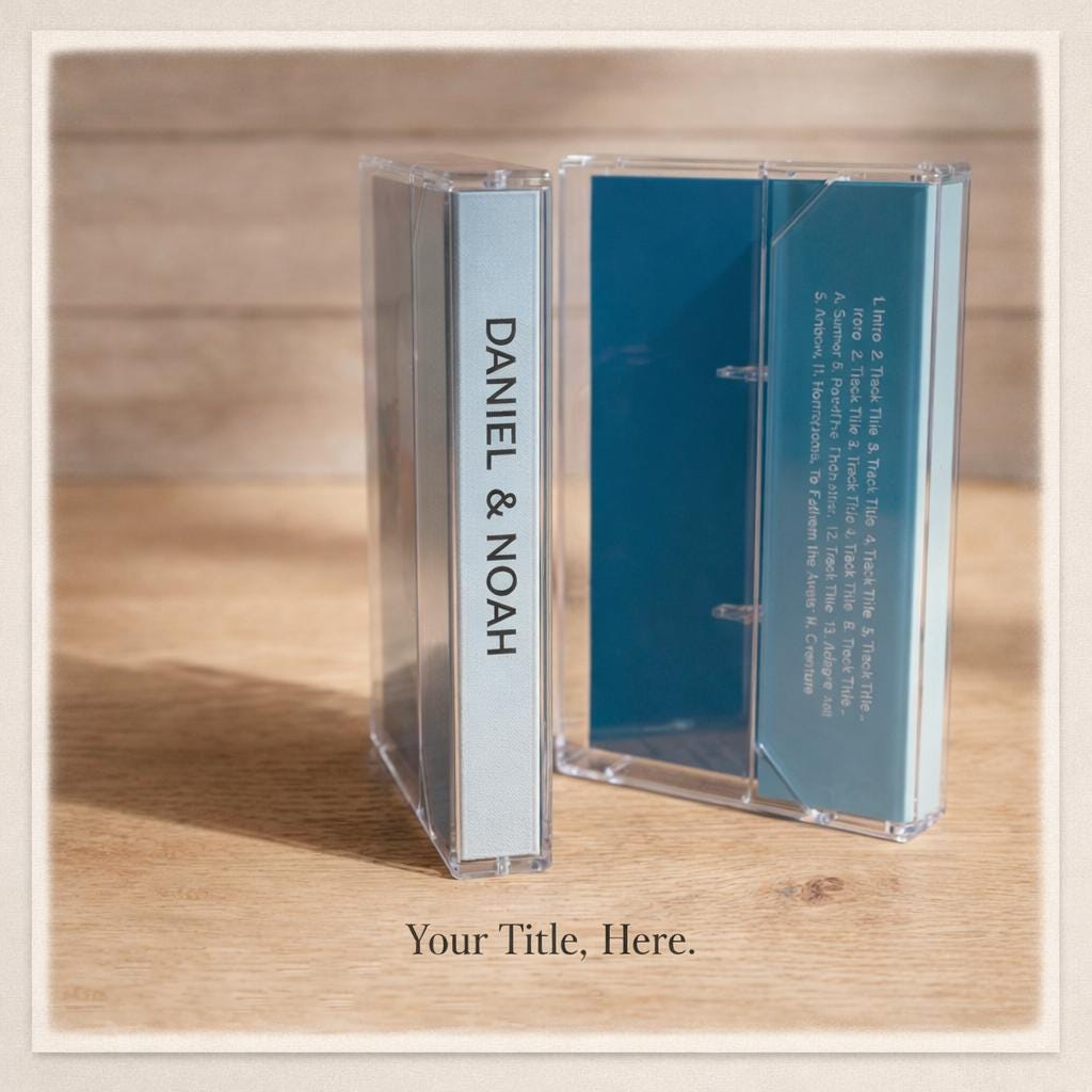 Two transparent cassette tapes with the text "DANIEL & NOAH" printed on them, placed on a wooden surface.