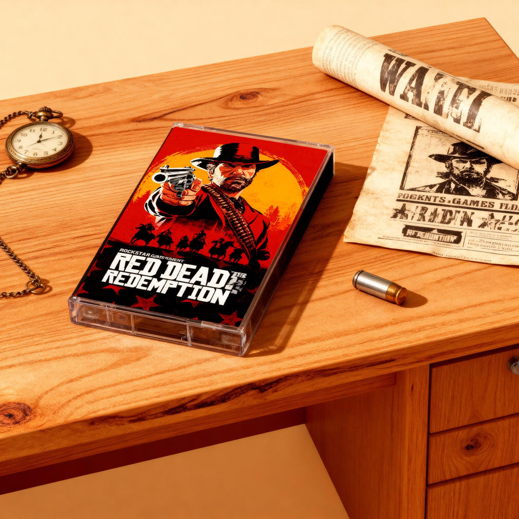 a CD case for the video game "Red Dead Redemption" placed on a wooden surface, along with a pocket watch, a bullet, and a newspaper.