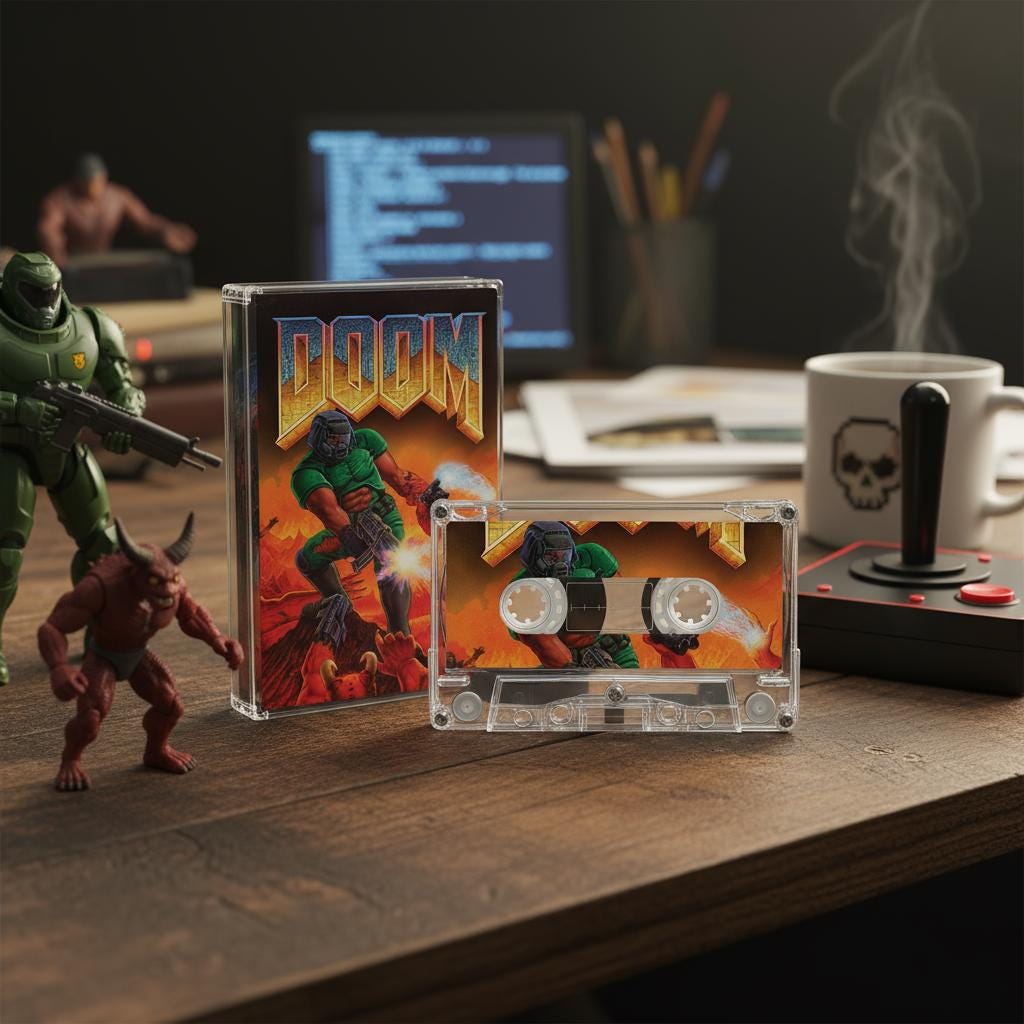 a cassette tape labeled "DOOM" and a toy figure of a character from the video game "DOOM", along with a mug with a skull design, all placed on a wooden surface.