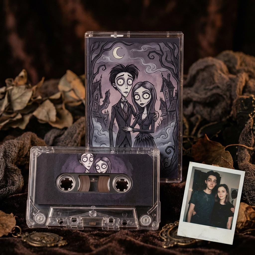 a cassette tape and a Polaroid photo of a couple, both placed on a dark surface with some leaves and a crescent moon visible in the background.