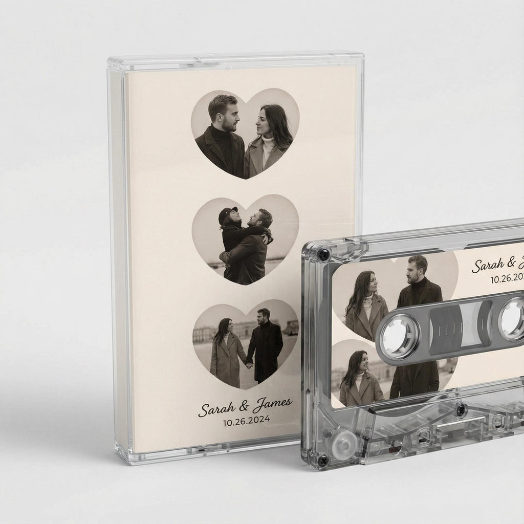 a cassette tape with a heart-shaped design, containing three photographs of a couple embracing. The tape is labeled with the names 'Sarah & James' and the date '10.26.2024'.