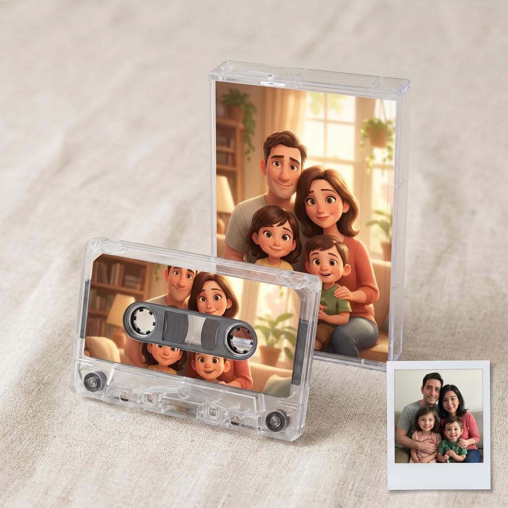 a family portrait of a man, woman, and two children, along with a cassette tape and a Polaroid photo of the same family.