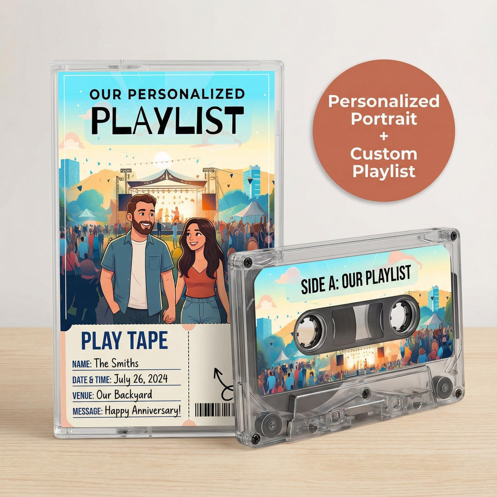 a CD case and a cassette tape titled "Our Personalized Playlist" with a personalized portrait and custom playlist.