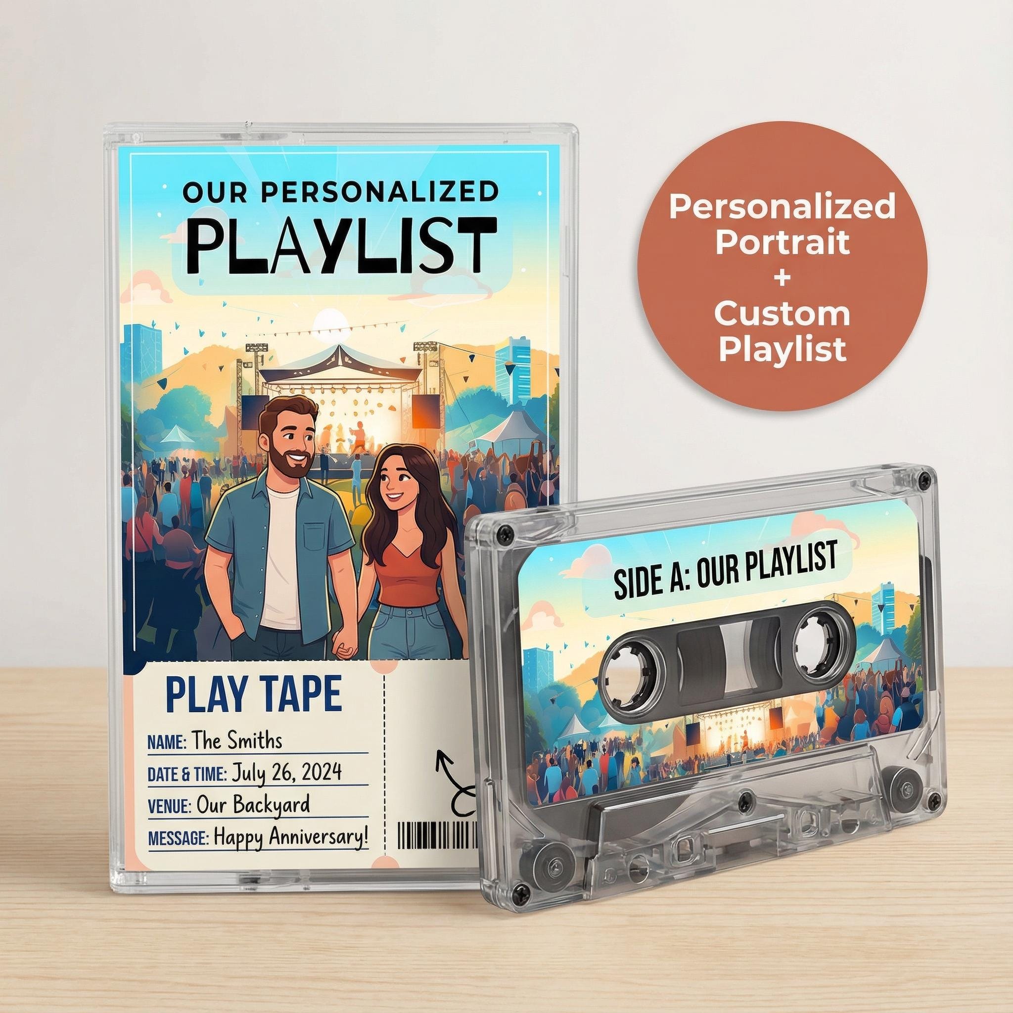 a CD case and a cassette tape titled "Our Personalized Playlist" with a personalized portrait and custom playlist.