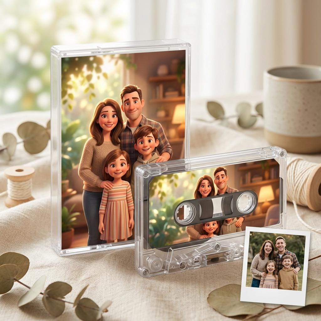 a family portrait of a man, woman, and two children, along with a cassette tape and a small photo frame containing a family portrait.