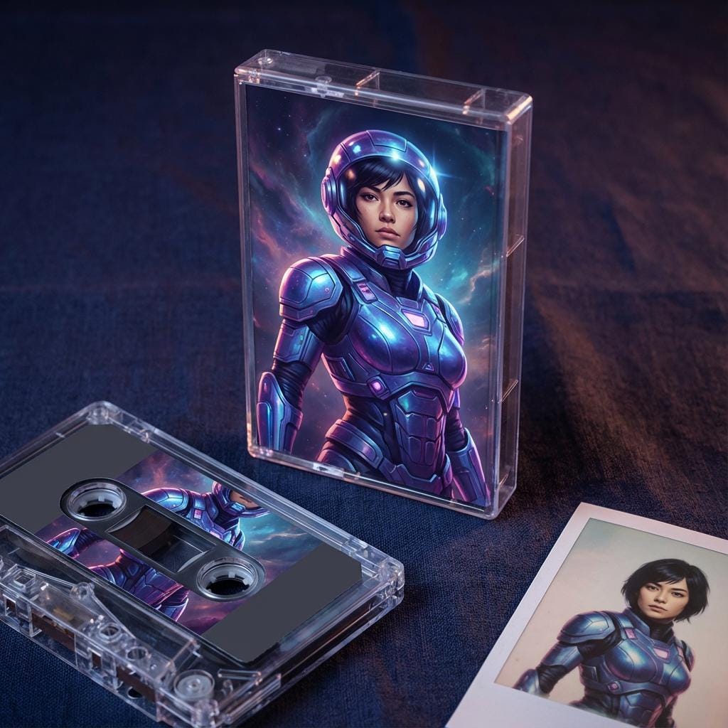 a female character in a futuristic space suit, with a futuristic and metallic appearance.