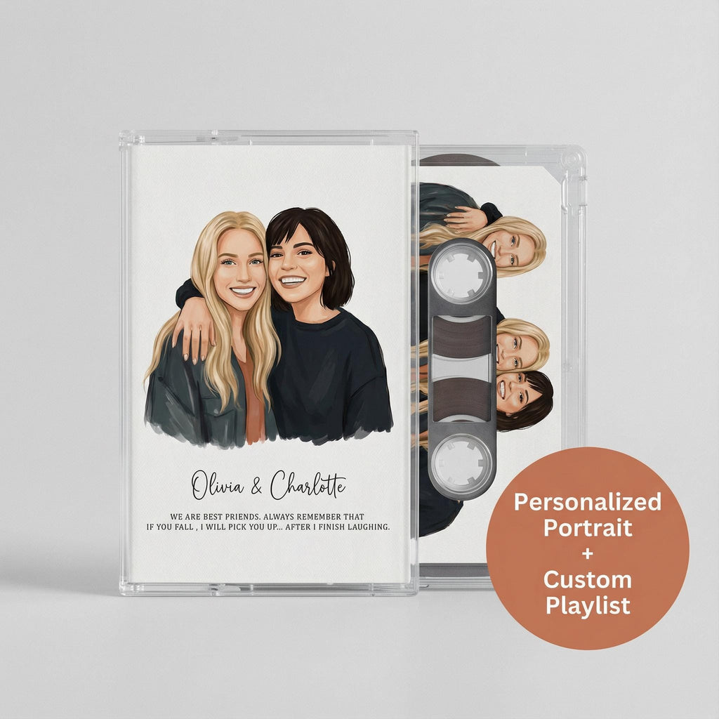 two smiling women posing together, with text below the illustration that reads "Olivia & Charlotte" and "If we are best friends, always remember that if you fall, I will be there, after finish laughing."