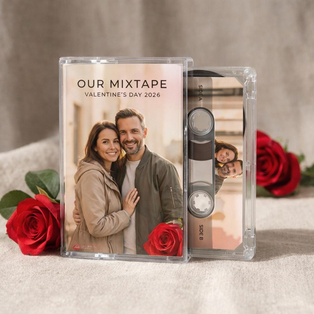 a man and a woman standing close together, with a red rose in front of them. The image also includes a cassette tape labeled "OUR MIXTAPE" and "VALENTINE'S DAY 2026".