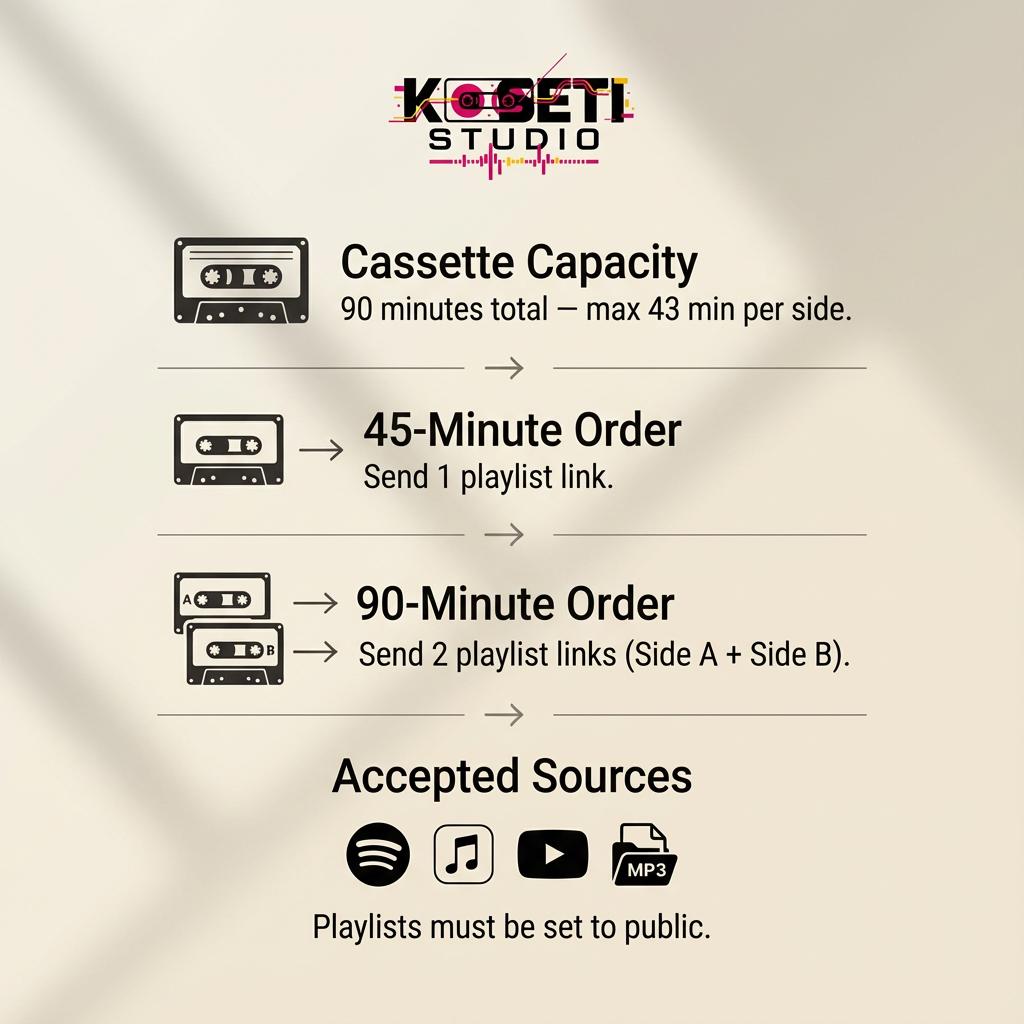 The image is a graphic representation of a music streaming interface, displaying the accepted sources for playlists and the capacity of cassette tapes.