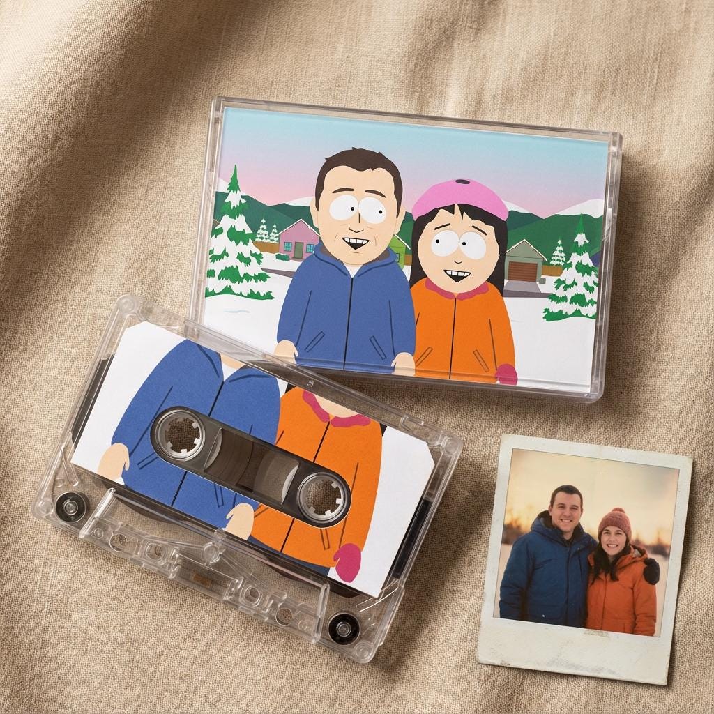 a cassette tape and a Polaroid photo of a couple, both depicting winter scenes.
