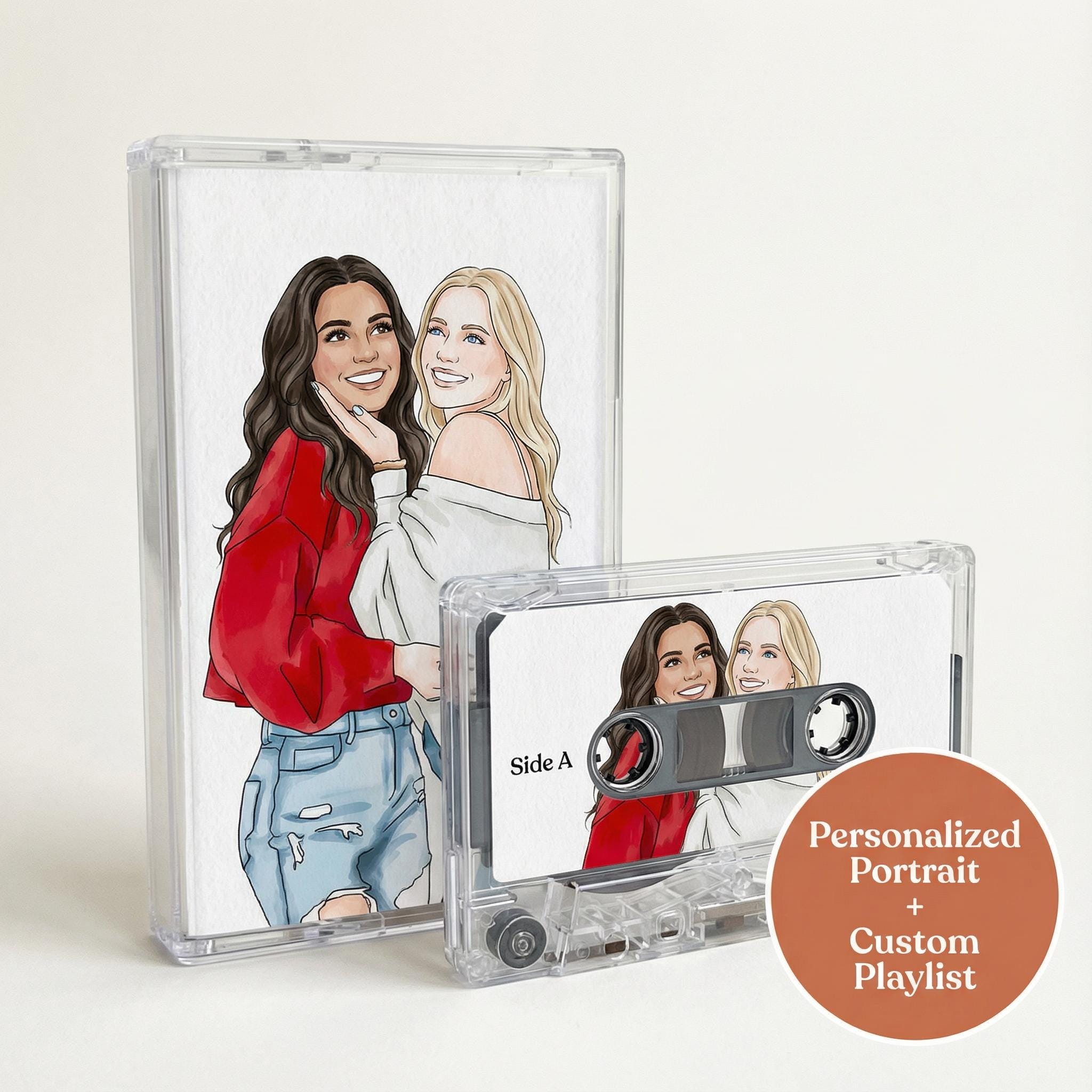 a pair of CD cases, each containing a portrait illustration of two smiling women. The CD cases are labeled as "Personalized Portrait" and "Custom Playlist", indicating that they are custom-made and personalized for individual preferences.